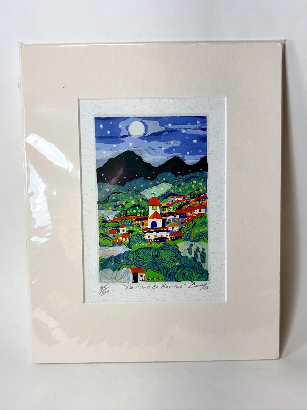 "Navidad en Maricao" (Christmas in Maricao) Matted Village Nightscape Art Print